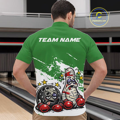Male model in a bowling lane wearing a green and white quarter-zip shirt, cartoon boxing-style bowling strike scene with comedic design.