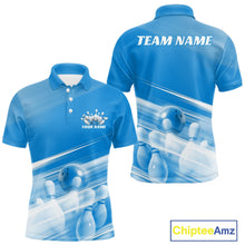 Load image into Gallery viewer, Front and back blue men’s bowling polo shirt mockup featuring bowling ball and pins artwork blended into a pink geometric background.