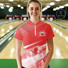 Load image into Gallery viewer, Front view female model in a bowling lane wearing a red quarter zip shirt with bowling ball and pins geometric artwork.