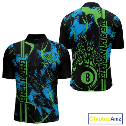 Front and back men’s Billiard quarter zip shirt mockup with flaming billiard 8 ball artwork on a blue and green abstract background.