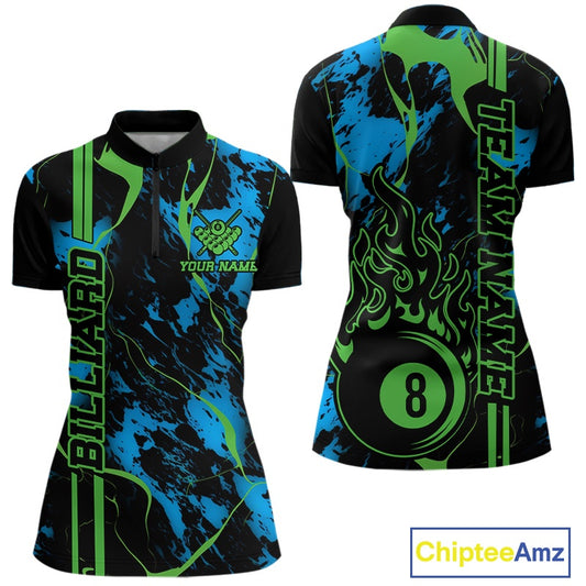 Front and back women’s Billiard quarter zip mockup with flaming billiard 8 ball artwork on a blue and green abstract background.