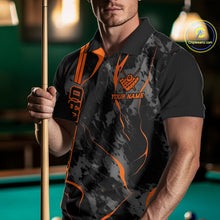 Load image into Gallery viewer, Male model front view wearing a polo shirt with billiard 8 ball flame artwork over a blue and green abstract background.