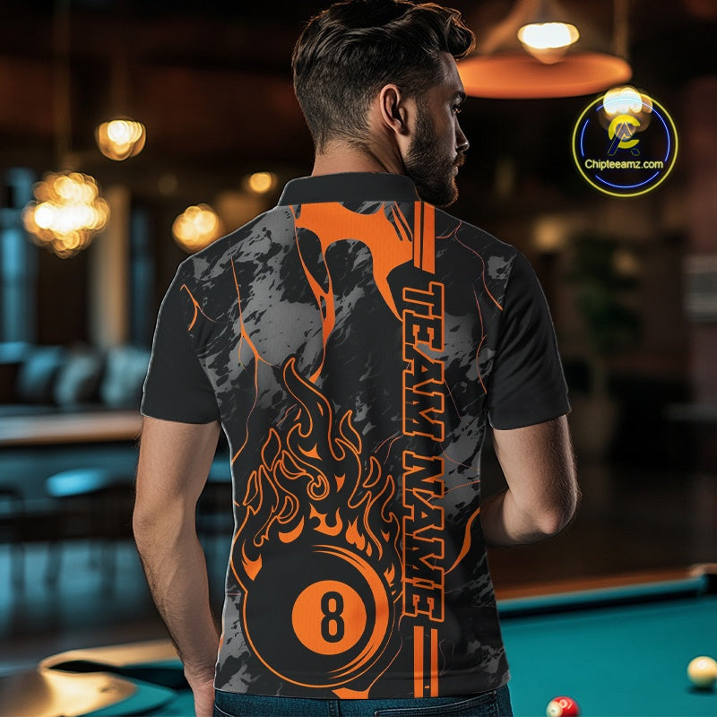 Back view of a male model wearing a polo shirt with billiard 8 ball flame graphics on a blue and green abstract background.