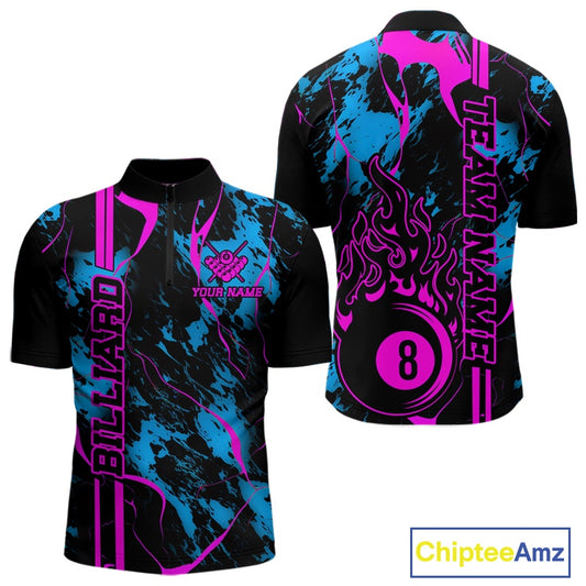Front and back men’s Billiard quarter zip shirt mockup with billiard 8 ball flame graphics across a blue and green abstract background.