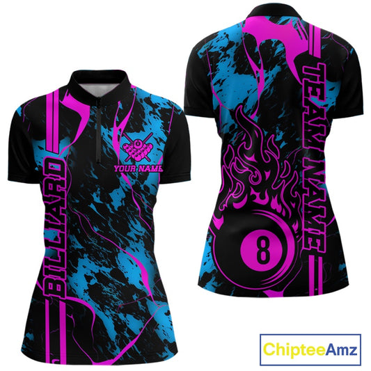 Front and back women’s Billiard quarter zip mockup with billiard 8 ball flame graphics across a blue and green abstract background.