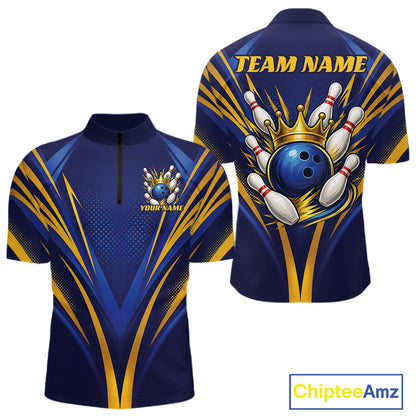 Custom Blue And Gold Crowned Bowling Ball Bowling King Bowling Team Men Quarter Zip Shirt IPHW11810