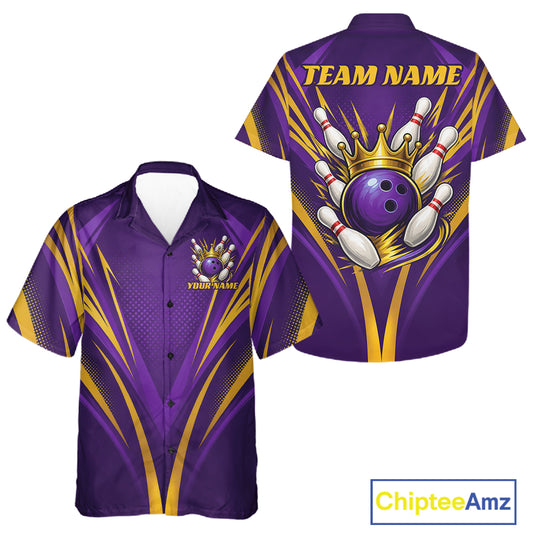 A purple and yellow bowling-themed short-sleeve button-up shirt shown from both front and back featuring purle and gold bowling ball wearing a crown and pin graphics