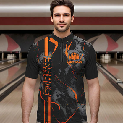 Custom Orange Strike Bowling Shirts Men Quarter Zip Camo Bowling Team Jerseys Bowling League IPHW5385