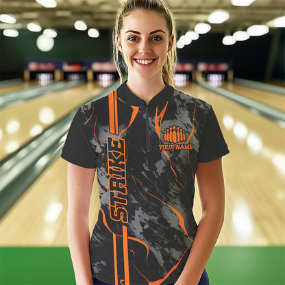 Custom Orange Strike Ladies Bowling Shirts Quarter Zip Orange Camo Bowling Team Jerseys IPHW5385