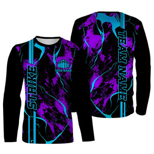 Custom Blue And Purple Camo Strike Bowling Shirts For Men And Women, Bowling Team Uniform With Name IPHW5386