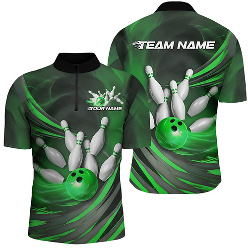 Green Flame Custom Bowling Shirts For Men, Fire Bowling Team Uniform Tournament IPHW7681