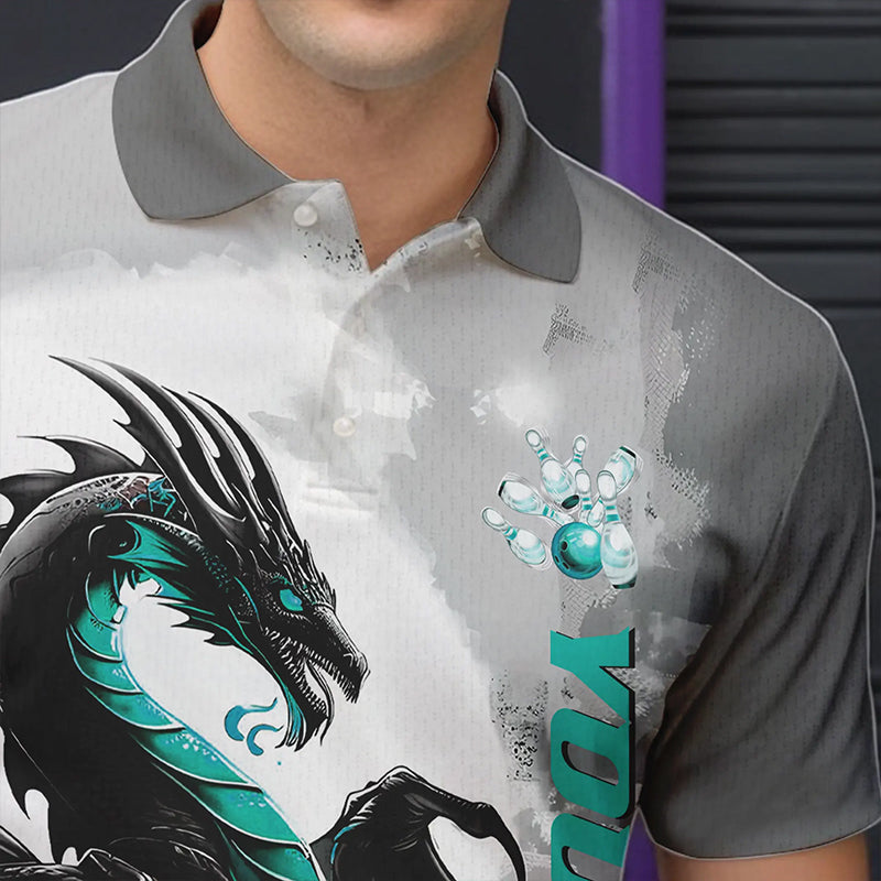 Black And Turquoise Blue Custom Dragon Bowling Polo Shirts For Men, Bowling Team Shirts IPHW8820