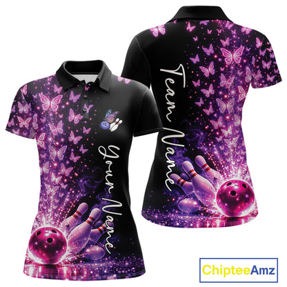 Custom Pink And Purple Butterfly Women Bowling Polo Shirt, Bowling League Shirt IPHW10904