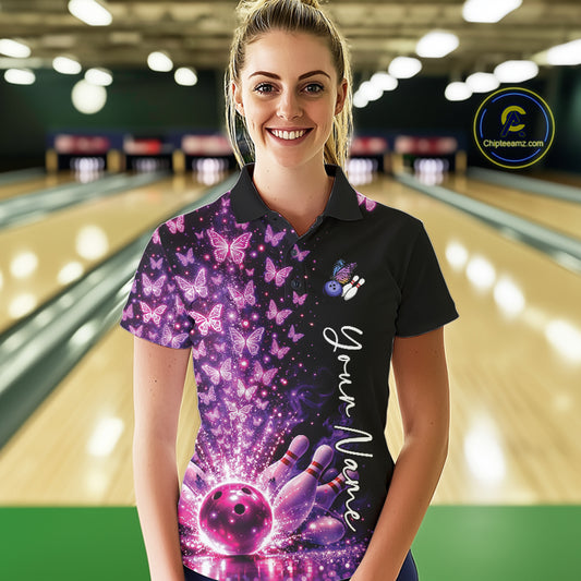 Custom Pink And Purple Butterfly Women Bowling Polo Shirt, Bowling League Shirt IPHW10904
