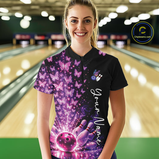 Custom Pink And Purple Butterfly Women Bowling Quarter-Zip Shirt, Bowling League Shirt IPHW10904