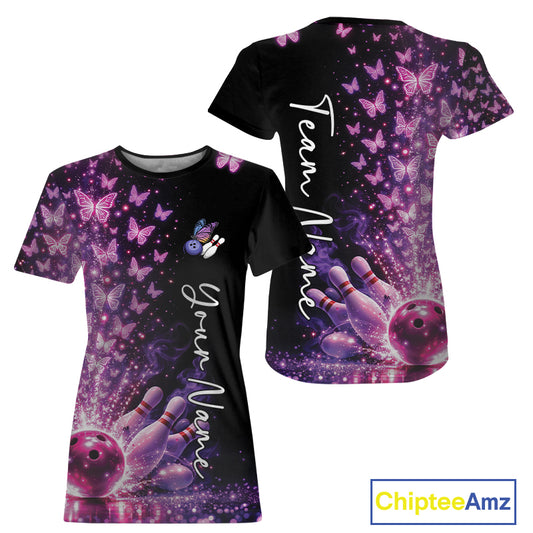 Custom Pink And Purple Butterfly Women Bowling T-Shirts, Bowling League IPHW10904
