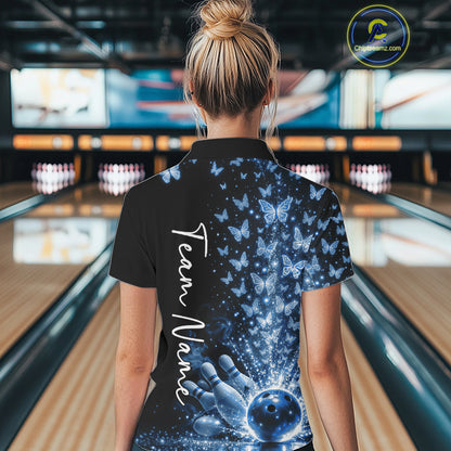 Custom Blue Butterfly Women Bowling Quarter-Zip Shirt, Bowling League Shirt IPHW10906