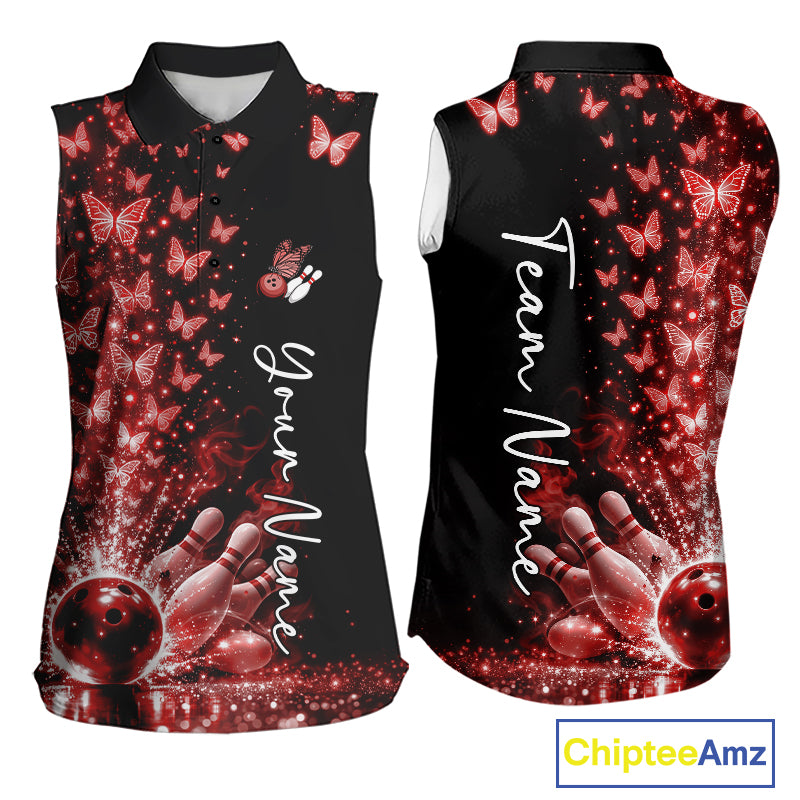 Custom Red Butterfly Women Bowling Sleeveless Polo Shirt, Bowling League Shirt IPHW10907