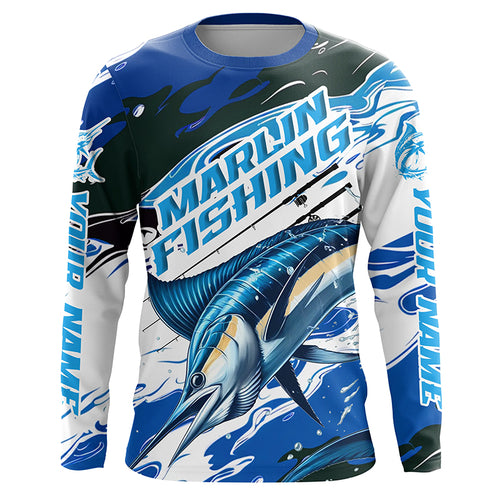 Custom Marlin Fishing Blue Camo Long Sleeve Shirts, Marlin Saltwater Fishing Jerseys IPHW6327