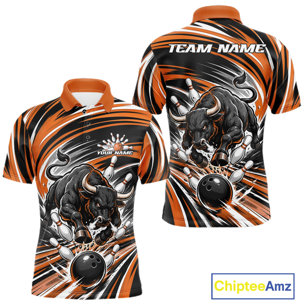 Custom Black And Orange Angry Bull Bowling Jerseys, Bowling Team League Men Polo Shirt IPHW11820