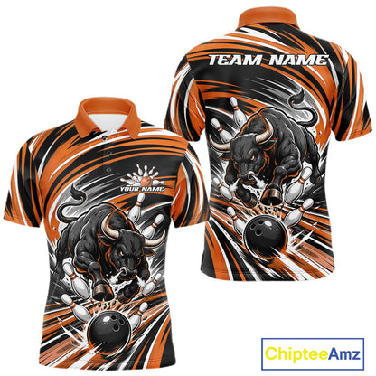 Custom Black And Orange Angry Bull Bowling Jerseys, Bowling Team League Men Polo Shirt IPHW11820