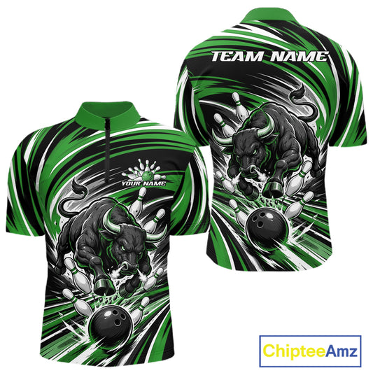 Custom bowling-themed short-sleeve quarter-zip shirt shown from both front and back views. The shirt features a bold graphic of a black bull charging toward bowling pins with a bowling ball, set against a dynamic green, black, and white swirl pattern.