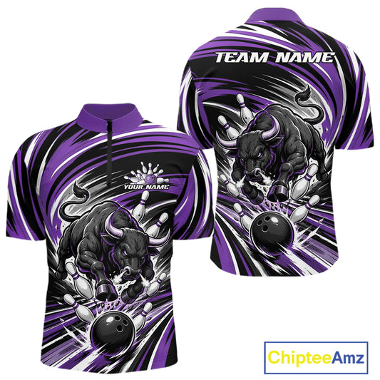 Front and back views of a short-sleeve quarter zip performance shirt featuring a bold bowling-themed graphic with a black bull, bowling pins, and bowling balls on a purple, black, and white swirl background. The front has placeholder text 'YOUR NAME' and 'TEAM NAME' on the back.