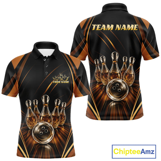 Front and back views of a custom short-sleeve polo shirt featuring a bowling theme with bowling pins that resemble wine bottles, a bowling ball, and gold text placeholders 'TEAM NAME' and 'YOUR NAME'. The shirt has a black base with metallic gold and brown/orange graphic elements.