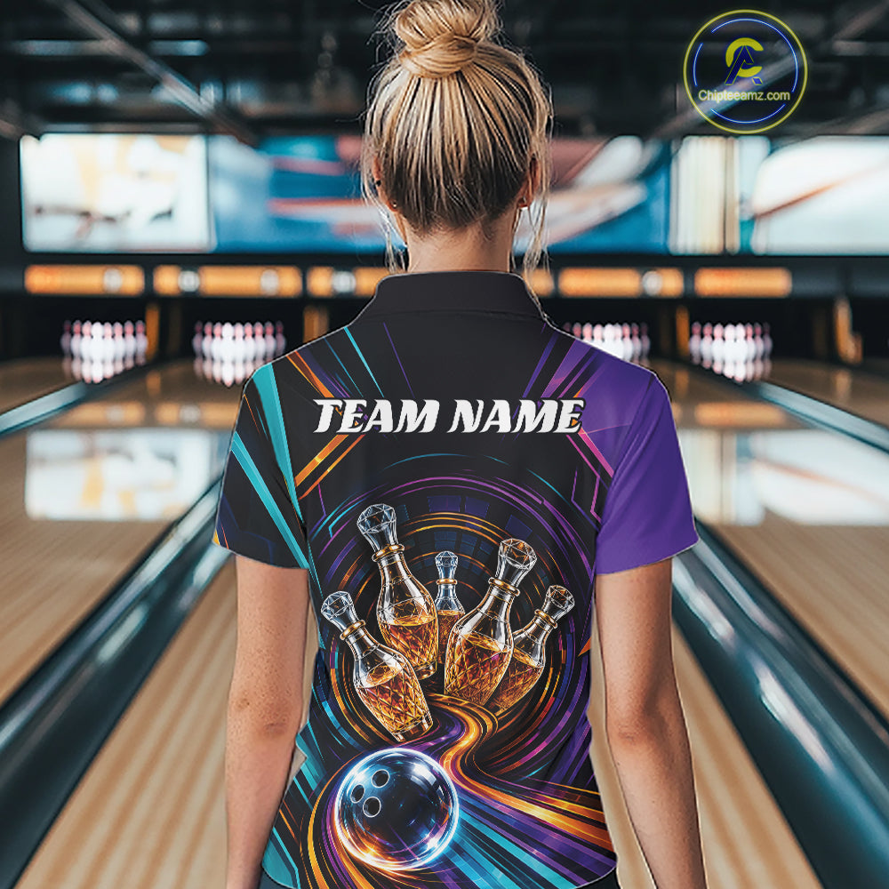 Custom Colorful Wine Bowling Women Quarter-Zip Shirts, Wine Lovers Bowling Team Jersey IPHW11829