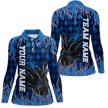 Load image into Gallery viewer, Blue Argyle Pattern Custom Flame Strike Ladies Bowling Shirts, Bowling Team Bowler Outfit IPHW7896