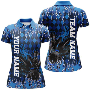 Blue Argyle Pattern Custom Flame Strike Ladies Bowling Shirts, Bowling Team Bowler Outfit IPHW7896