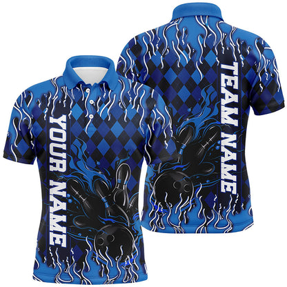 Blue Argyle Pattern Custom Flame Strike Bowling Shirts For Men, Bowling Team Shirt Bowler Outfit IPHW7896
