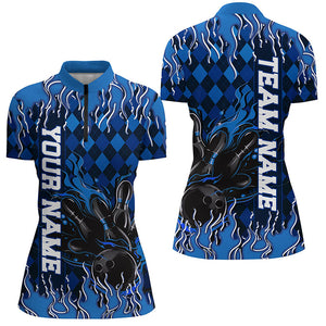 Blue Argyle Pattern Custom Flame Strike Ladies Bowling Shirts, Bowling Team Bowler Outfit IPHW7896