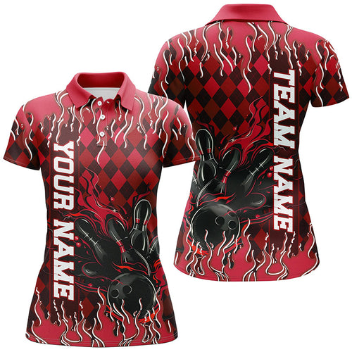 Red Argyle Pattern Custom Flame Strike Ladies Bowling Shirts, Bowling Team Bowler Outfit IPHW7897