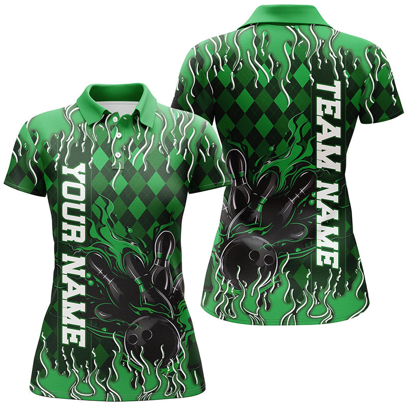 Green Argyle Pattern Custom Flame Strike Bowling Shirts For Women, Bowling Team Outfit IPHW7899