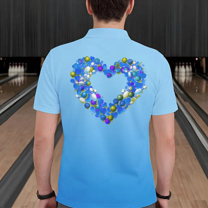 Blue Bowling Heart Custom Valentines Bowling Polo Shirts For Men, Bowling Couple Shirt IPHW8339