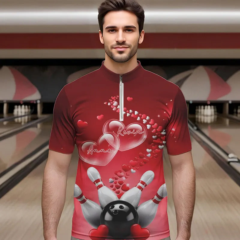 Red Heart Theme Custom Valentines Bowling Quarter-Zip Shirts For Men, Couple Bowling Shirt IPHW8344