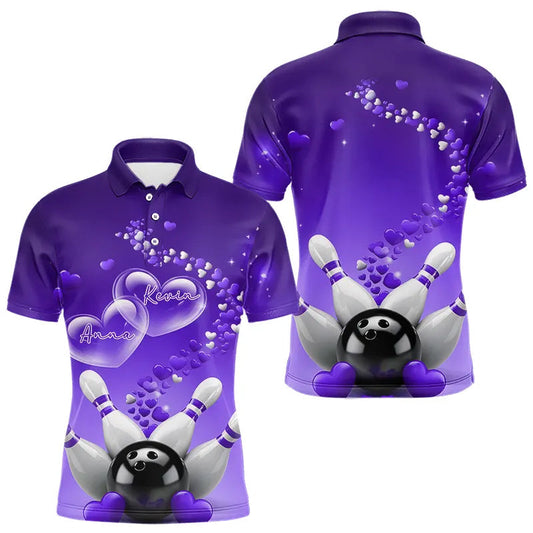 Purple Heart Theme Custom Valentines Bowling Polo Shirts For Men, Couple Bowling Shirt IPHW8346