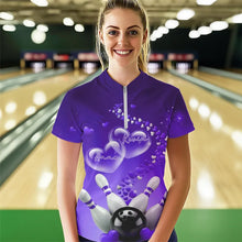 Load image into Gallery viewer, Purple Heart Theme Custom Valentines Bowling Womens Quarter-Zip Shirt, Couple Bowling Shirt IPHW8346