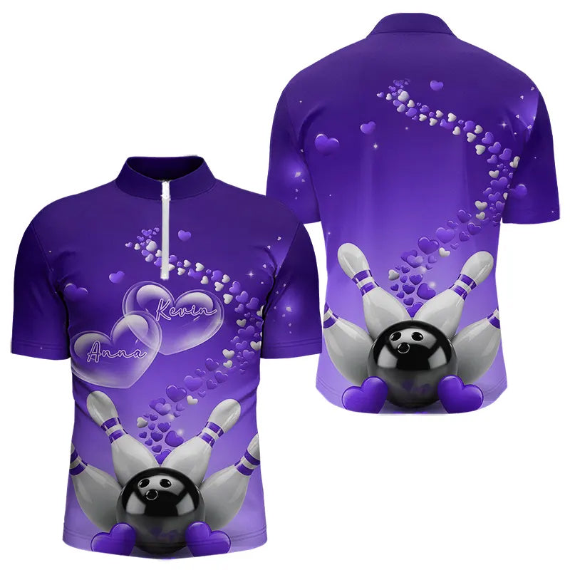 Purple Heart Theme Custom Valentines Bowling Quarter-Zip Shirts For Men, Couple Bowling Shirt IPHW8346