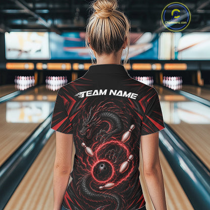 Custom Black And Red Lightning Dragon Bowling Team Women Polo Shirt, Bowling League Shirt IPHW11838