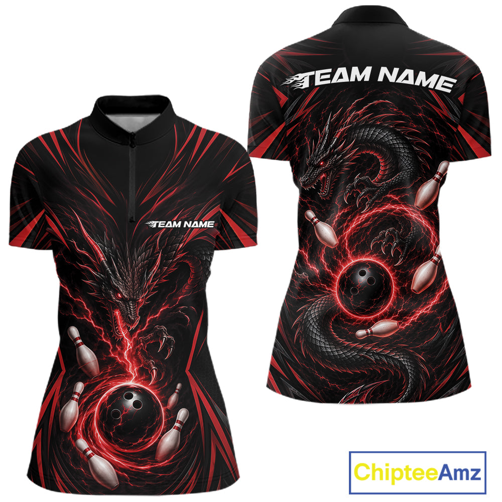 Custom Black And Red Lightning Dragon Bowling Team Women Quarter-Zip Shirt IPHW11838