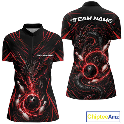 Custom Black And Red Lightning Dragon Bowling Team Women Quarter-Zip Shirt IPHW11838