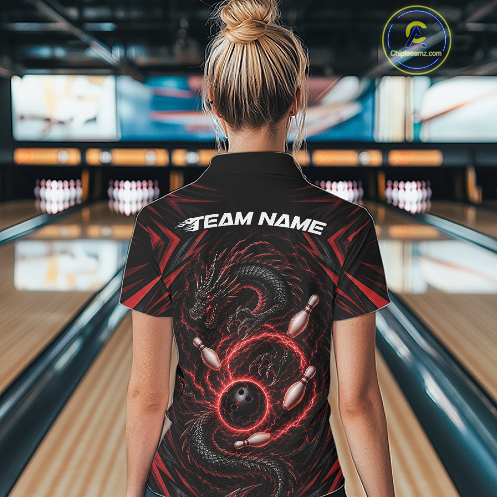 Custom Black And Red Lightning Dragon Bowling Team Women Quarter-Zip Shirt IPHW11838