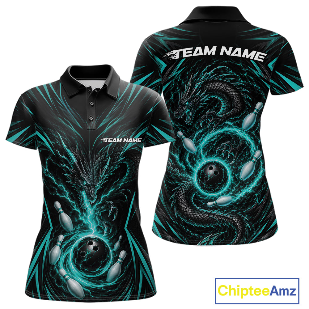 Custom Turquoise Blue Lightning Dragon Bowling Team Women Polo Shirt, Bowling League Shirt IPHW11839
