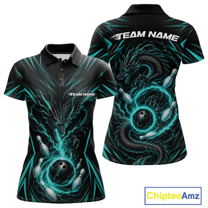 Custom Turquoise Blue Lightning Dragon Bowling Team Women Polo Shirt, Bowling League Shirt IPHW11839
