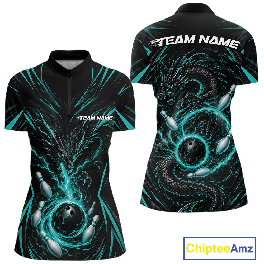 Custom Turquoise Blue Lightning Dragon Bowling Team Women Quarter-Zip Shirt IPHW11839