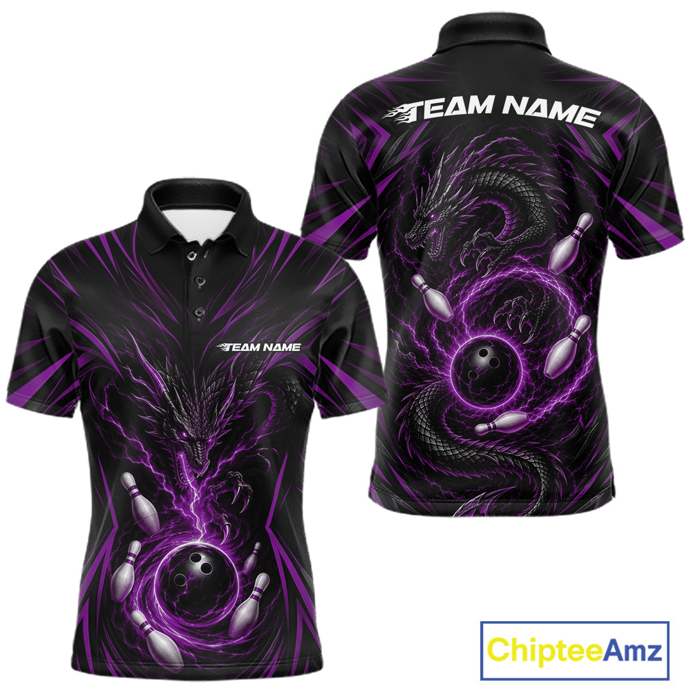 Custom Black And Purple Lightning Dragon Bowling Men Polo Shirt, Bowling League Shirt IPHW11840