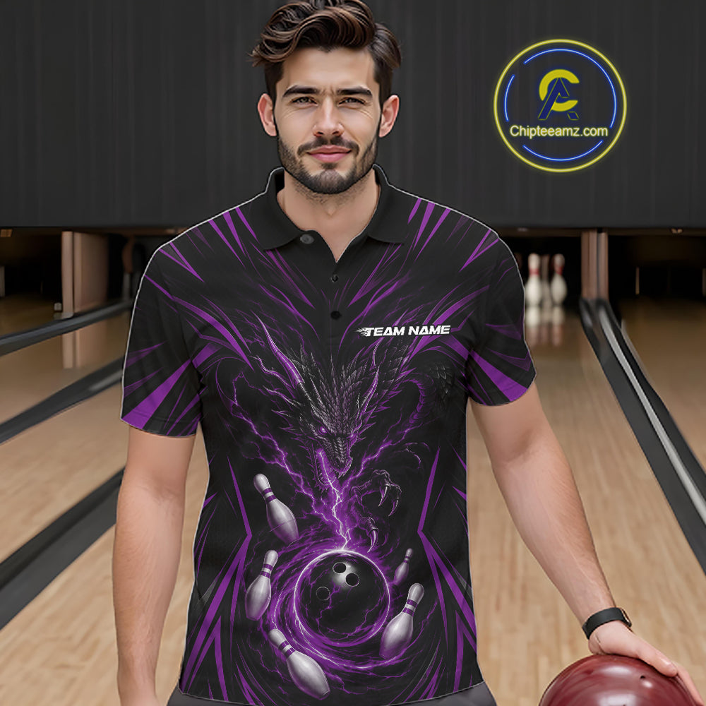 Custom Black And Purple Lightning Dragon Bowling Men Polo Shirt, Bowling League Shirt IPHW11840
