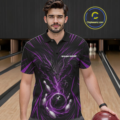 Custom Black And Purple Lightning Dragon Bowling Men Polo Shirt, Bowling League Shirt IPHW11840